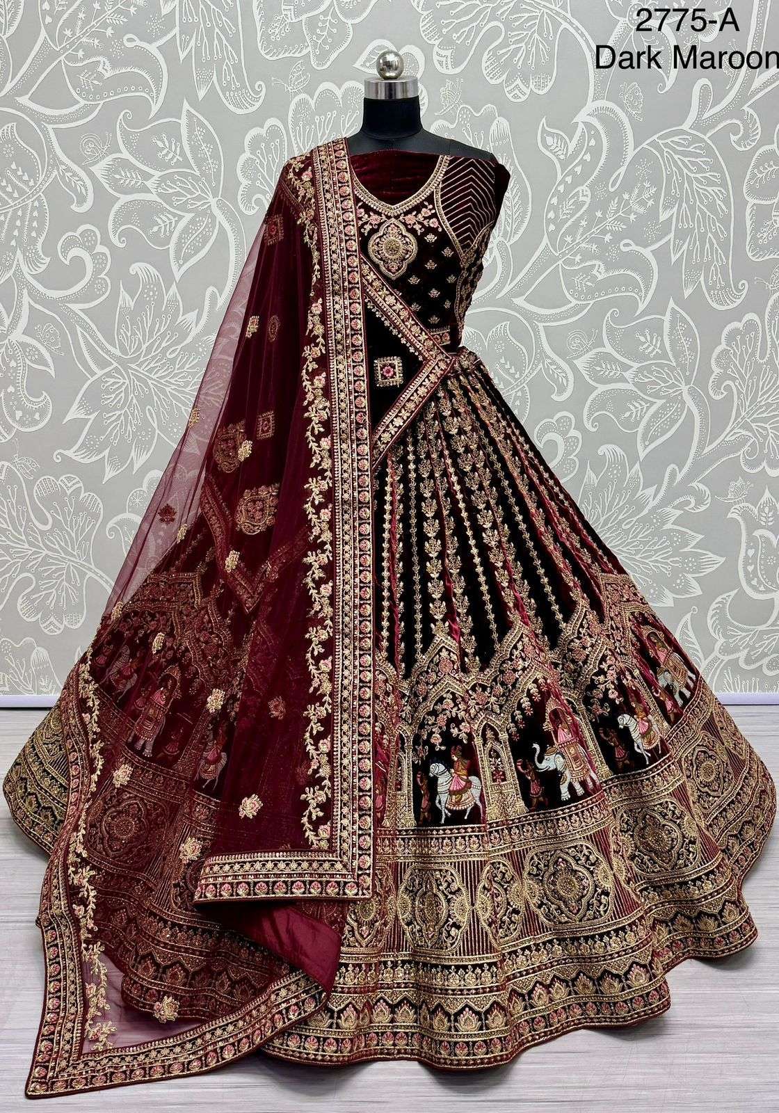 EXCLUSIVE BRIDAL WEAR ELEPHANTS AND BARAAT EMBROIDERED DOUBLE DUPATTA BRIDAL LEHENGACHOLI