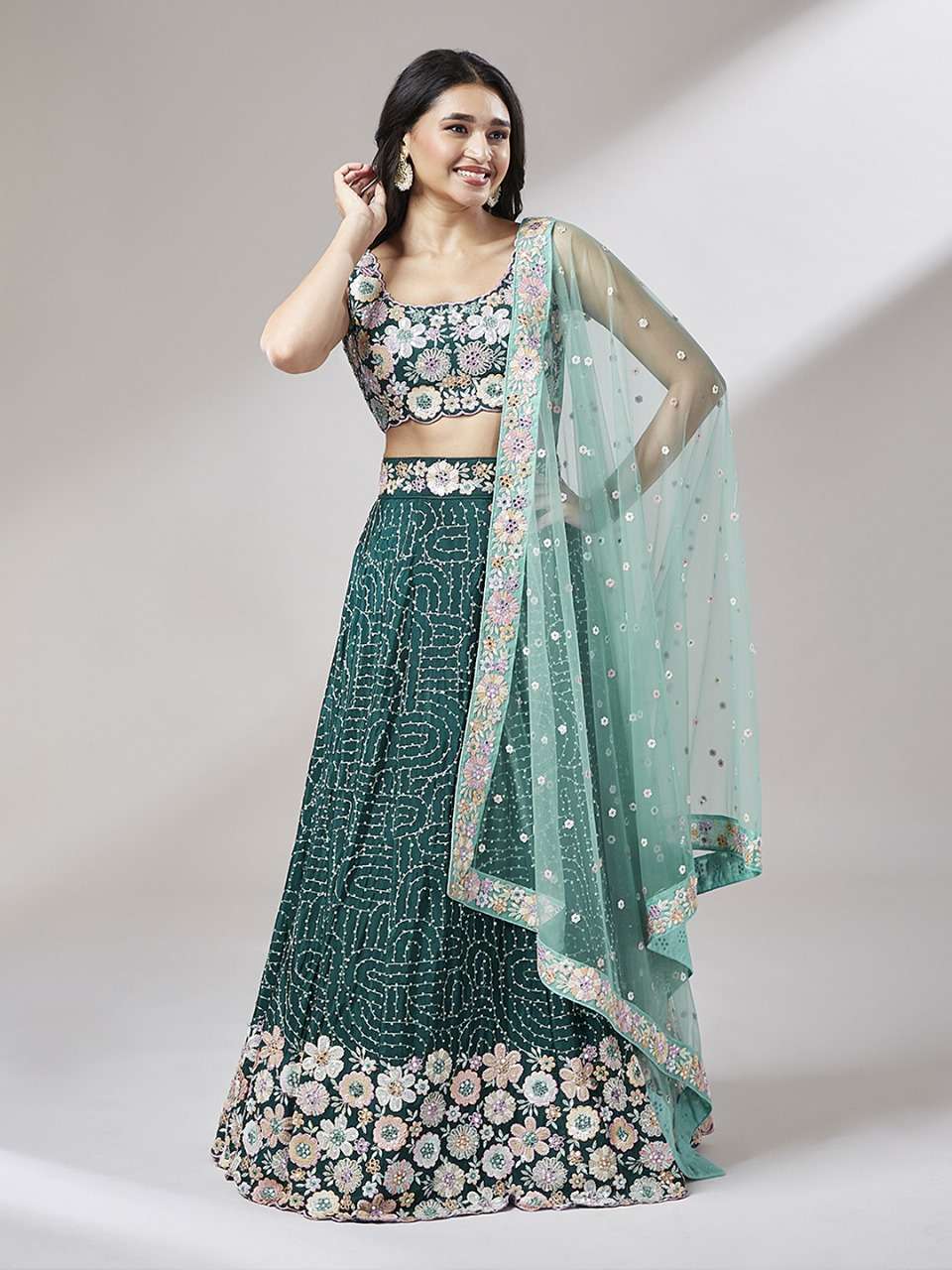 Teal Georgette heavy Sequinse embroidery Semi-Stitched Lehenga choli & Dupatta