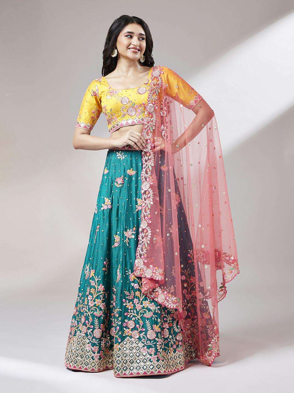 Teal Pure Georgette Sequinse Work Semi-Stitched Lehenga & Unstitched Blouse with Dupatta