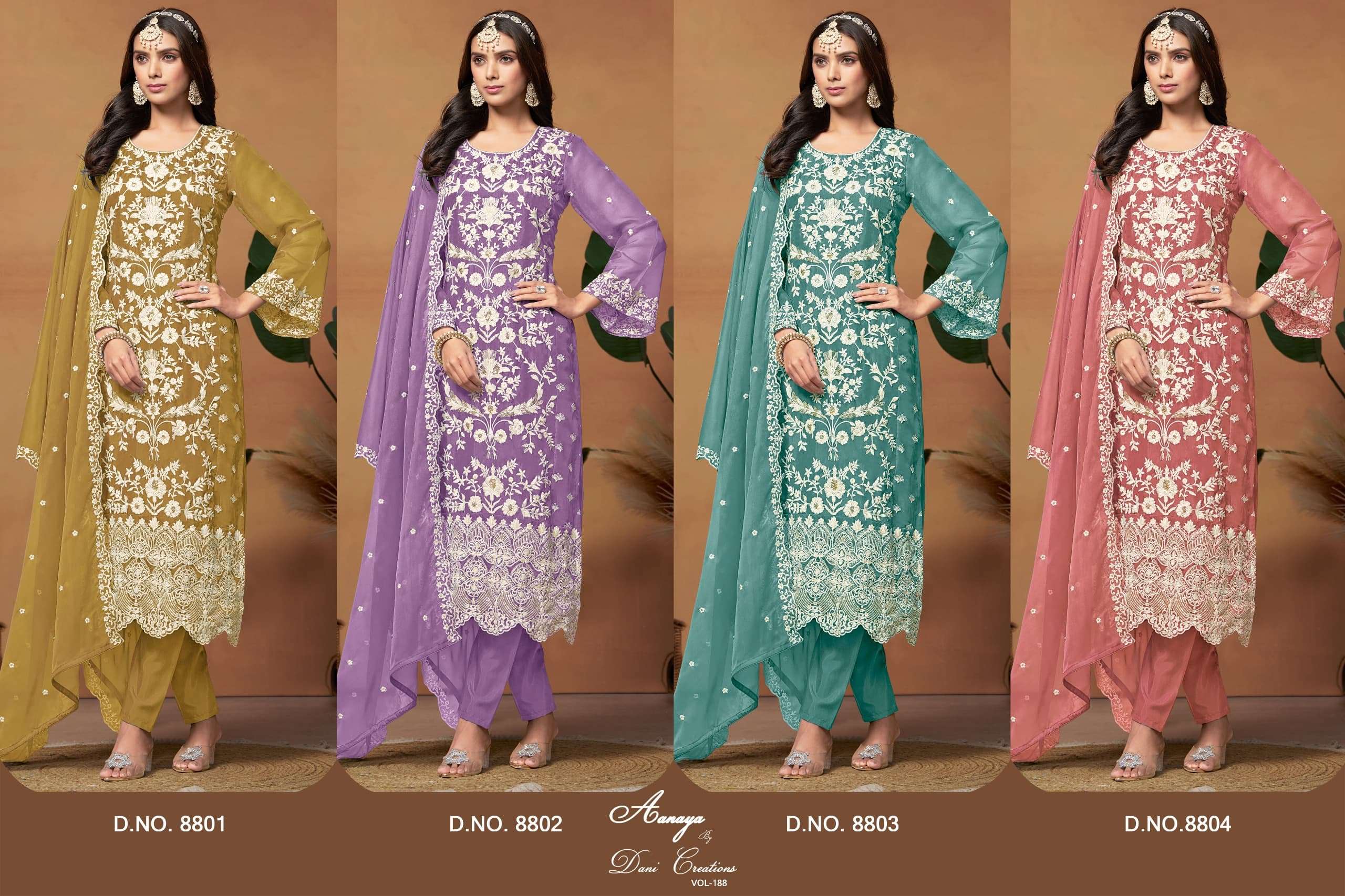 AANAYA VOL 188 BY DANI CREATIONS DESIGNER ORGANZA SUITS COLLECTION MANUFACTURER SURAT 