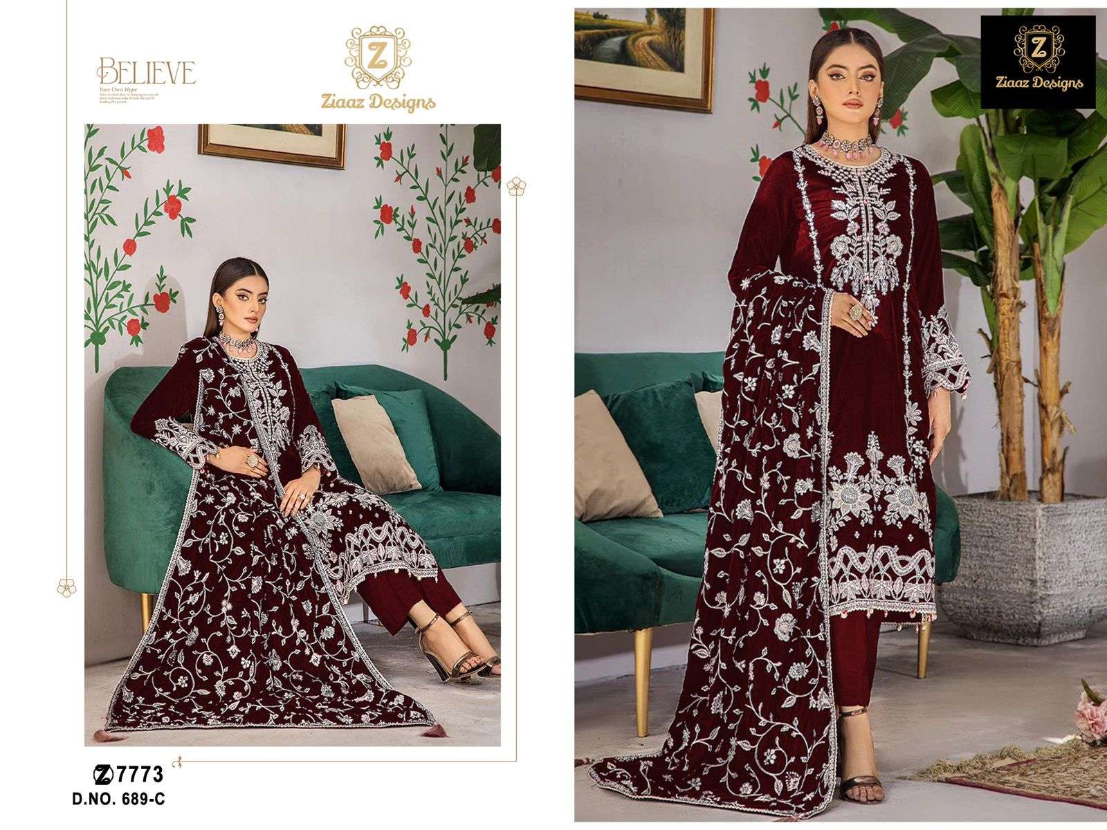 Ziaaz Designs 689 colours  velvet embroidered full size dupattas beautiful suit collection manufactu...