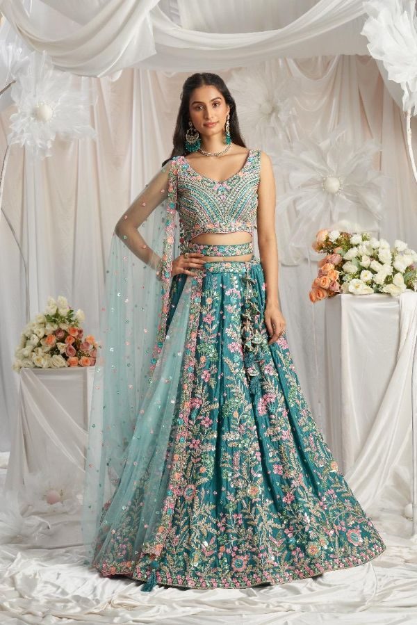 Teal Georgette Sequins Embroidery Semi-stitched Lehenga Choli