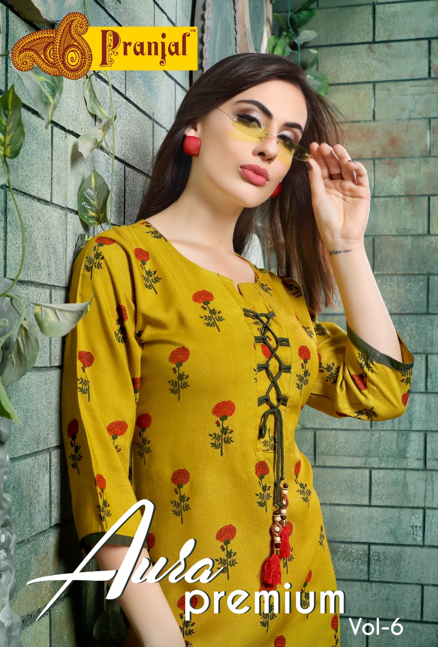 Aura Premium By Pranjal 6001 Series Fancy Reyon Printed Kurti Catlog Wholesale Dealer Surat