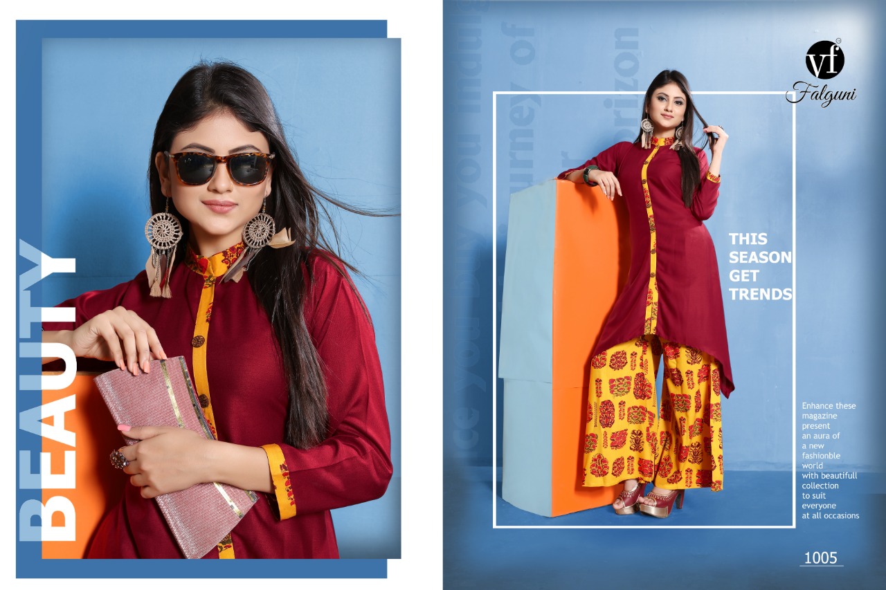 Falguni By Vf India Reyon Kurti-plazzo Set In 6 Designs Wholesale Dealer And Supplier Surat