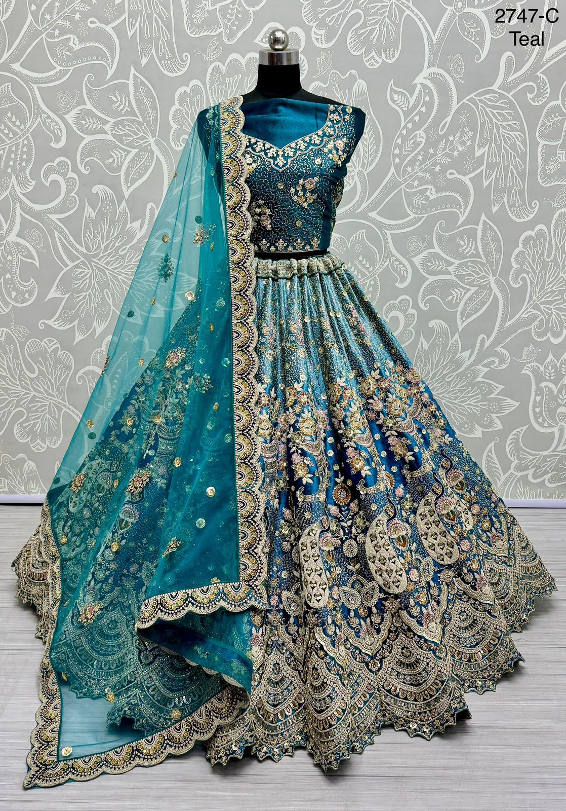 New Design 2747 Peacock And Flower Pattern Embroidery Designer Velvet Lehengacholi