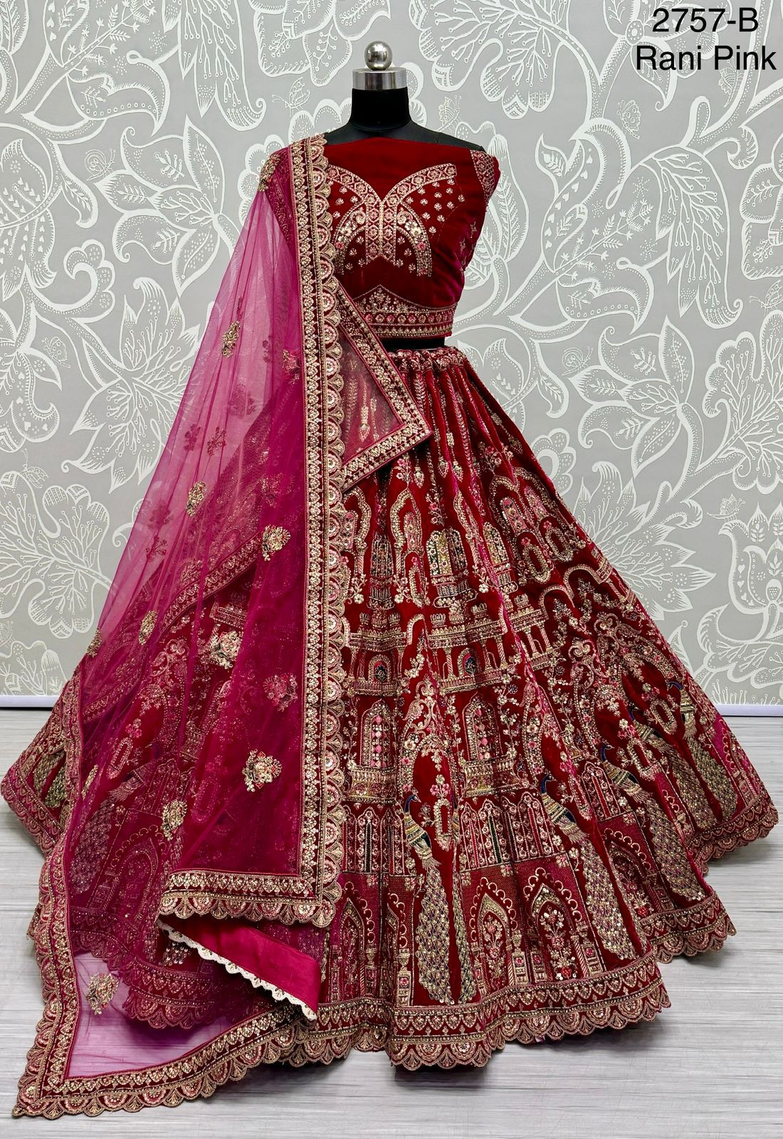 New Design 2757 Four Meter Plus Flaired Velvet Embroidered Lehengacholi