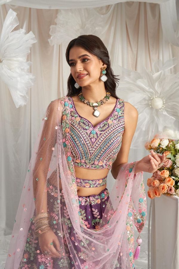 Purple Georgette Sequins Embroidery Semi-stitched Lehenga Choli