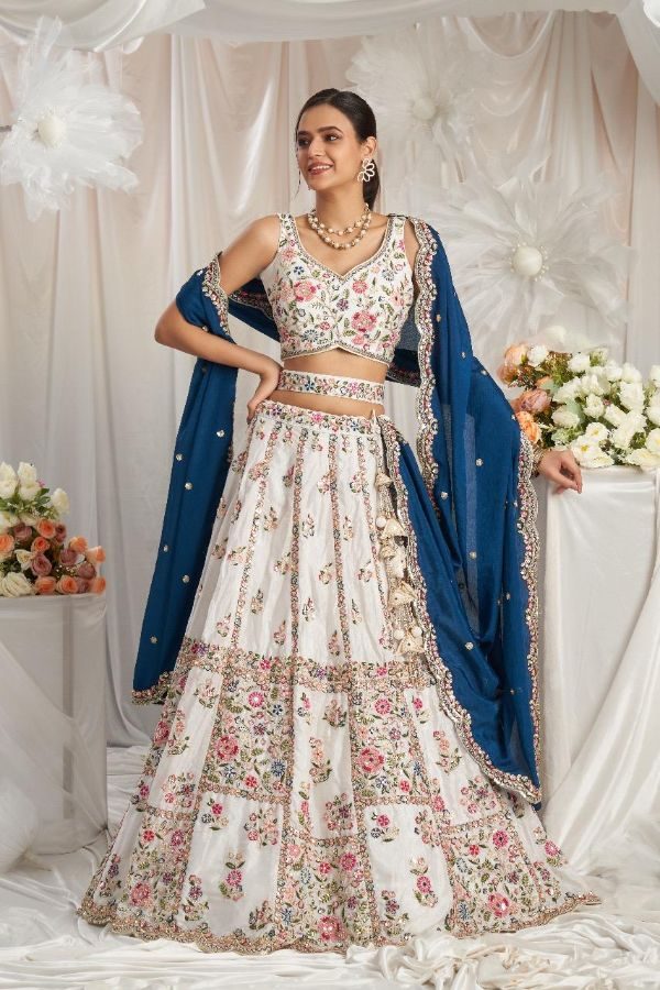 Cream With Navyblue Georgette Moti, Sequins Embroidery Semi-stitched Bridel Lehenga Choli & Dupatta